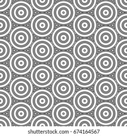 Repeated small and big black circles background. Seamless surface pattern design with circular ornament. Hoops wallpaper. Round motif. Spheres image. Digital paper with rings. Vintage style vector art