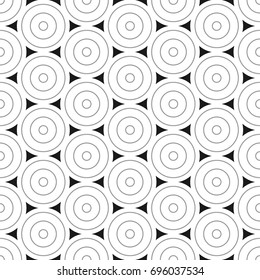Repeated small and big white circles background. Seamless surface pattern design with circular ornament. Hoops wallpaper. Round motif. Spheres image. Digital paper with rings. Vintage style vector art