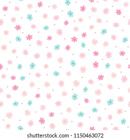 Repeated small cute flowers and round dots. Simple girly floral pattern. Endless feminine print. Vector illustration.