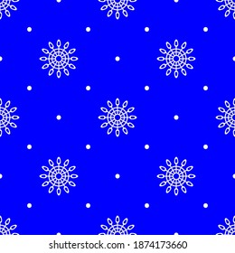 Repeated snowflake and polka dot. Winter seamless pattern. Simple vector illustration.