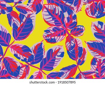 Repeated Spring Peony Wallpaper. Saffron Yellow and Red Romantic Botanical Vector Background. Summer Textile Design. Painted English Rose Leaf Patterns Collection. Rose Leaves Seamless Pattern.