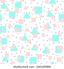 Repeated squares, triangles and irregular polka dots drawn by hand. Cute seamless pattern for children. Sketch, doodle. Modern vector illustration.