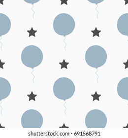 Repeated stars and balloons. Seamless pattern for boys. Drawn by hand. Blue, white, black color. Vector illustration.