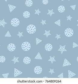 Repeated stars, circles and triangles. Geometric seamless pattern. Drawn by hand. Blue vector illustration.