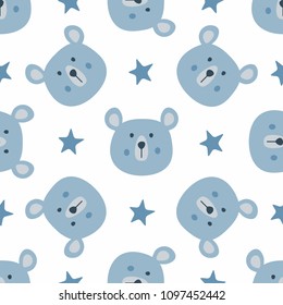 Repeated stars and heads of funny bears. Cute seamless pattern for children. Endless animal print. Vector illustration.