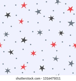 Repeated stars and round spots. Cute seamless pattern for kids. Blue, red, black colors. Vector illustration.