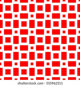Repeated stylized red quadrangles on white background. Checks wallpaper. Seamless surface pattern design with symmetrical polygons ornament. Geometric motif. Digital paper for print. Vector art