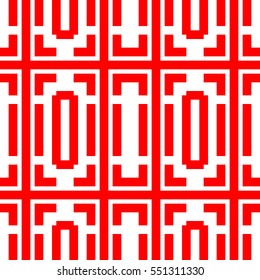 Repeated stylized red rectangles on white background. Quadrangles wallpaper. Seamless surface pattern design with symmetrical polygons ornament. Geometric motif. Digital paper for print. Vector art