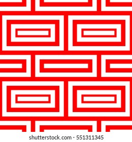 Repeated stylized red rectangles on white background. Quadrangles wallpaper. Seamless surface pattern design with symmetrical polygons ornament. Geometric motif. Digital paper for print. Vector art