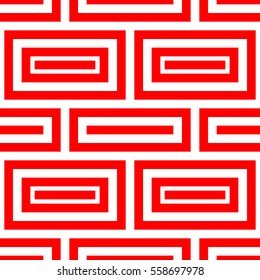 Repeated stylized red rectangles on white background. Quadrangles wallpaper. Seamless surface pattern design with symmetrical polygons ornament. Geometric motif. Digital paper for print. Vector art