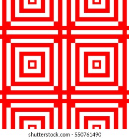 Repeated stylized red squares on white background. Quadrangles wallpaper. Seamless surface pattern design with symmetrical polygons ornament. Geometric motif. Digital paper for print. Vector art