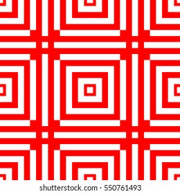 Repeated stylized red squares on white background. Quadrangles wallpaper. Seamless surface pattern design with symmetrical polygons ornament. Geometric motif. Digital paper for print. Vector art