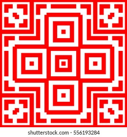 Repeated stylized red squares on white background. Quadrangles wallpaper. Seamless surface pattern design with symmetrical polygons ornament. Geometric motif. Digital paper for print. Vector art
