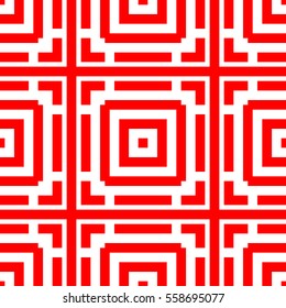 Repeated stylized red squares on white background. Quadrangles wallpaper. Seamless surface pattern design with symmetrical polygons ornament. Geometric motif. Digital paper for print. Vector art.