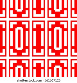 Repeated stylized white rectangles on red background. Quadrangles wallpaper. Seamless surface pattern design with symmetrical polygons ornament. Geometric motif. Digital paper for print. Vector art.