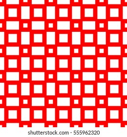 Repeated stylized white squares on red background. Grill wallpaper. Seamless surface pattern design with symmetrical polygons ornament. Geometric motif. Digital paper for print. Vector art