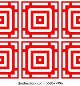 Repeated stylized white squares on red background. Quadrangles wallpaper. Seamless surface pattern design with symmetrical polygons ornament. Geometric motif. Digital paper for print. Vector art.