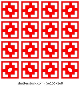 Repeated stylized white squares on red background. Quadrangles wallpaper. Seamless surface pattern design with symmetrical polygons ornament. Geometric motif. Digital paper for print. Vector art.