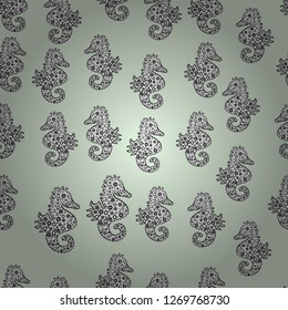 Repeated texture with cartoon characters. Vector. Simple Feminine Pattern for Card, Invitation, Print. Illustration on white, neutral, black colors. Seamless pattern with underwater animals: seahorse.