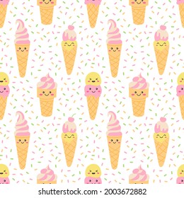 Repeated Texture With Ice Cream Cones And Sprinkles. Ideal For Textile, Wrapping Paper Or Cards. Vector Seamless Pattern.
