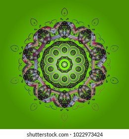 Repeated texture for surface, wrapping paper, on green, gray and beige colors. Winter snowflake, vector background. Isolated nice snowflakes on colorful background. Vector illustration.