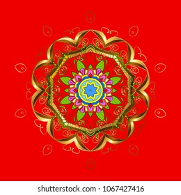 Repeated texture for surface, wrapping paper, Snowflake on red, brown, yellow, green and beige colors. Winter snowflakes, vector background.