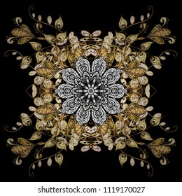 Repeated texture for surface, wrapping paper, Snowflake on black, brown and white colors. Winter snowflakes, vector background.