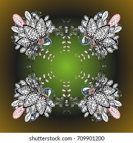 Repeated texture for surface, wrapping paper, on colored background. Vector illustration. Winter snowflake, vector background. Isolated nice snowflakes on colorful background.