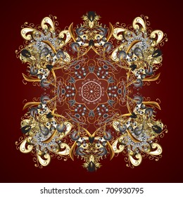Repeated texture for surface, wrapping paper, on red background. Vector illustration. Winter snowflake, vector background. Isolated nice snowflakes on colorful background.