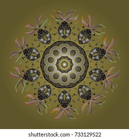 Repeated texture for surface, wrapping paper, on yellow, gray and neutral colors. Vector illustration. Winter snowflake, vector background. Isolated nice snowflakes on colorful background.