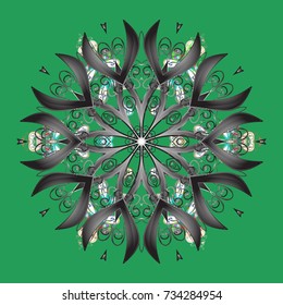Repeated texture for surface, wrapping paper, Snowflake on green, gray and white colors. Winter snowflakes, vector background.