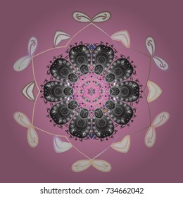 Repeated texture for surface, wrapping paper, on pink, gray and white colors. Vector illustration. Winter snowflake, vector background. Isolated nice snowflakes on colorful background.