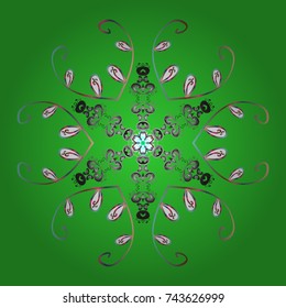 Repeated texture for surface, wrapping paper, on green, gray and white colors. Isolated nice snowflakes on colorful background. Vector illustration. Winter snowflake, vector background.