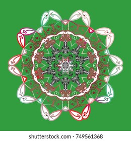 Repeated texture for surface, wrapping paper, Snowflake on green, white and gray colors. Winter snowflakes, vector background.