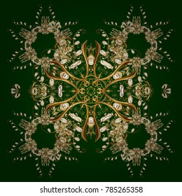 Repeated texture for surface, wrapping paper, on green and yellow colors. Winter snowflake, vector background. Isolated nice snowflakes on colorful background. Vector illustration.