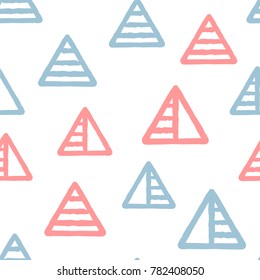 Repeated triangles drawn by hand with brush. Geometric seamless pattern for children. Doodle, sketch, grunge.  Vector illustration.