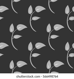 Repeated twigs with leaves. Seamless pattern. Black, gray.