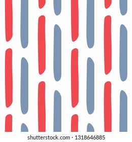 Repeated vertical lines drawn by hand. Simple seamless pattern. Vector illustration. White, blue, red.