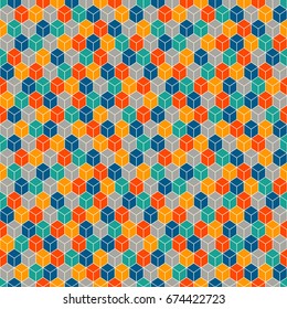 Repeated vivid color cubes background. Geometric shapes wallpaper. Seamless surface pattern design with polygons. Cubic motif. Digital paper, page fills, textile print. Vector art