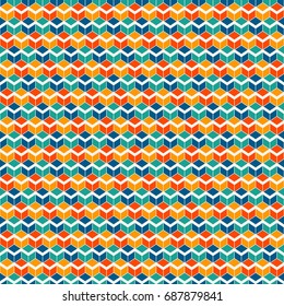 Repeated vivid color cubes background. Geometric shapes wallpaper. Seamless surface pattern design with polygons. Cubic motif. Digital paper, page fills, textile print. Vector art