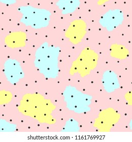 Repeated watercolour blots and irregular polka dot. Cute seamless pattern. Sketch, watercolor, paint. Girly vector illustration. Pink, yellow, blue, black.