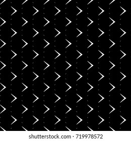 Repeated white angle brackets on black background. Seamless pattern design. Chevrons abstract artwork. Curves ornament. Image with scales. Modern japanese scallops motif. Squama image. Art deco vector
