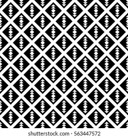 Repeated white figures and diagonal lines on black background. Ethnic wallpaper. Seamless surface pattern design with arrows ornament. Rhombuses and triangles motif. Digital paper for textile print.