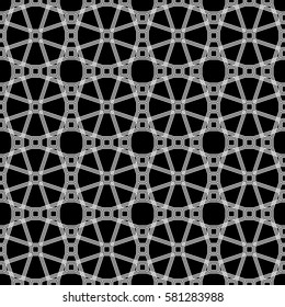 Repeated white figures and lines. Geometric wallpaper. Seamless surface pattern design with overlapping elongated octagons and squares. Lacy motif. Digital paper for textile print, web designing.