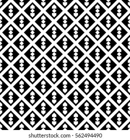 Repeated white figures and lines on black background. Ethnic wallpaper. Seamless surface pattern design with arrows ornament. Embroidery motif. Digital paper for textile print, web designing. Vector