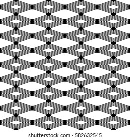 Repeated white figures and lines on black background. Diamonds wallpaper. Seamless surface pattern design with elongated octagons and rhombuses. Rabitz motif. Digital paper for textile print. Vector