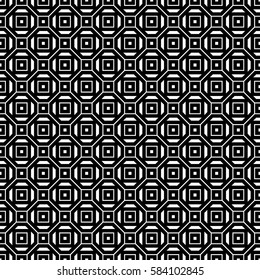 Repeated white figures and lines on black background. Geometric wallpaper. Seamless surface pattern design with isosceles trapezoids and squares. Tiles motif. Digital paper for textile print. Vector