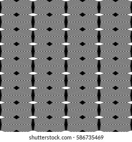 Repeated white figures and lines on black background. Diamonds wallpaper. Seamless surface pattern design with elongated octagons and rhombuses. Ethnic motif. Digital paper for textile print. Vector