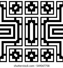 Repeated white figures on black background. Ornamental wallpaper. Seamless surface pattern design with symmetrical lines, polygons and brackets ornament. Ethnic motif. Digital paper for print. Vector