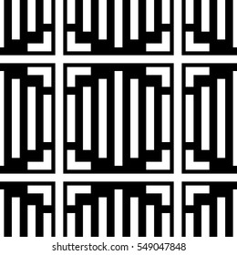 Repeated white figures on black background. Ornamental wallpaper. Seamless surface pattern design with symmetrical lines and brackets ornament. Ethnic motif. Digital paper for textile print. Vector
